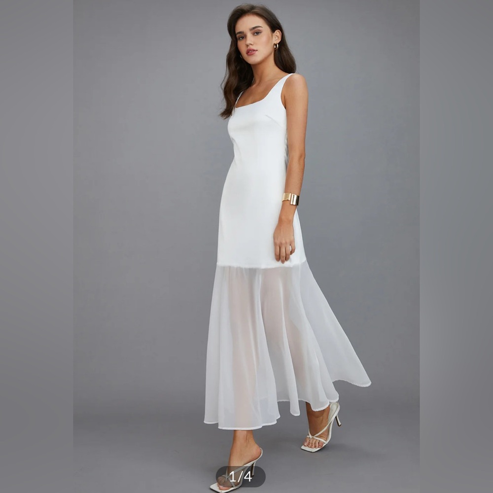 White Sleeveless Sheer-Hem Maxi Dress